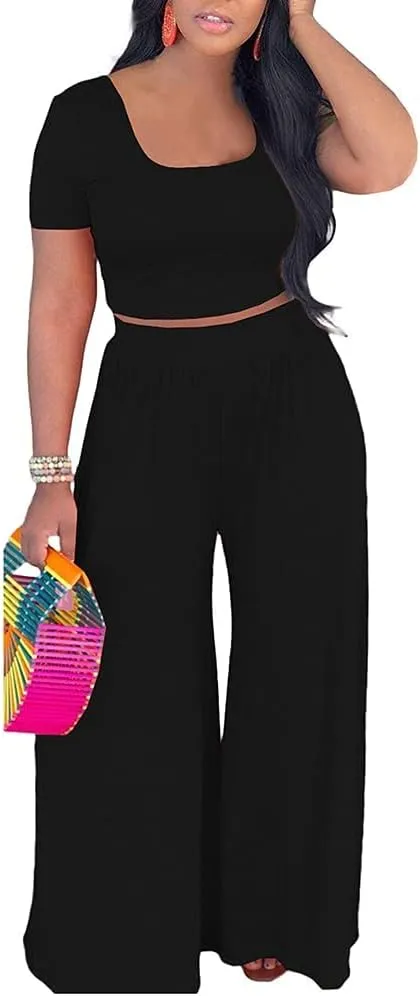 2 Piece Outfits for Women Sexy Backless Short Sleeve Crop Top High Waist Wide Leg Long Pant Sets Tracksuit Sport Set
