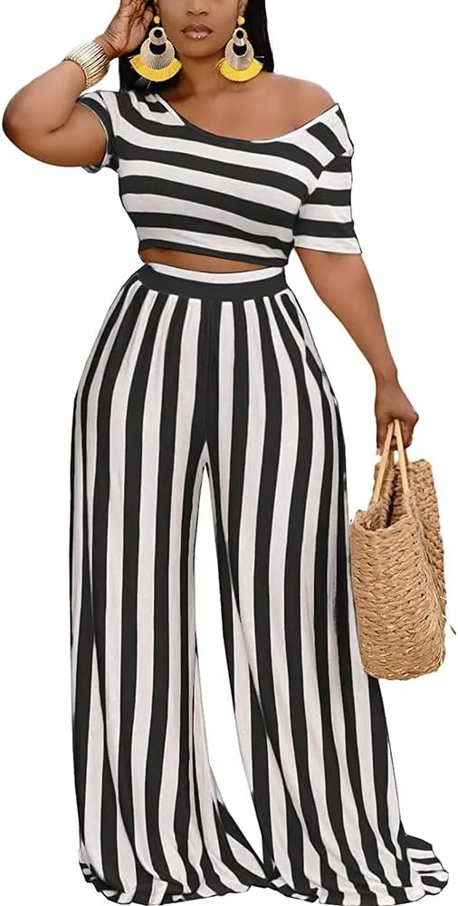 2 Piece Outfits for Women Sexy Backless Short Sleeve Crop Top High Waist Wide Leg Long Pant Sets Tracksuit Sport Set
