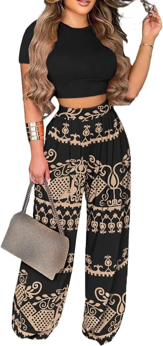 2 Piece Outfits for Women Short Sleeve Crop Top High Waist Wide Leg Long Pant Sets Tracksuit Sport Set
