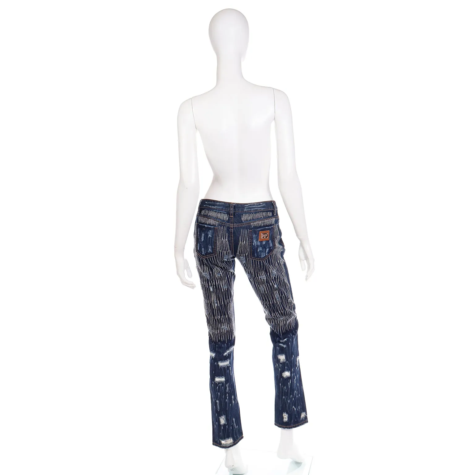 2000s Dolce & Gabbana Distressed Low Rise Denim Jeans w Embroidery