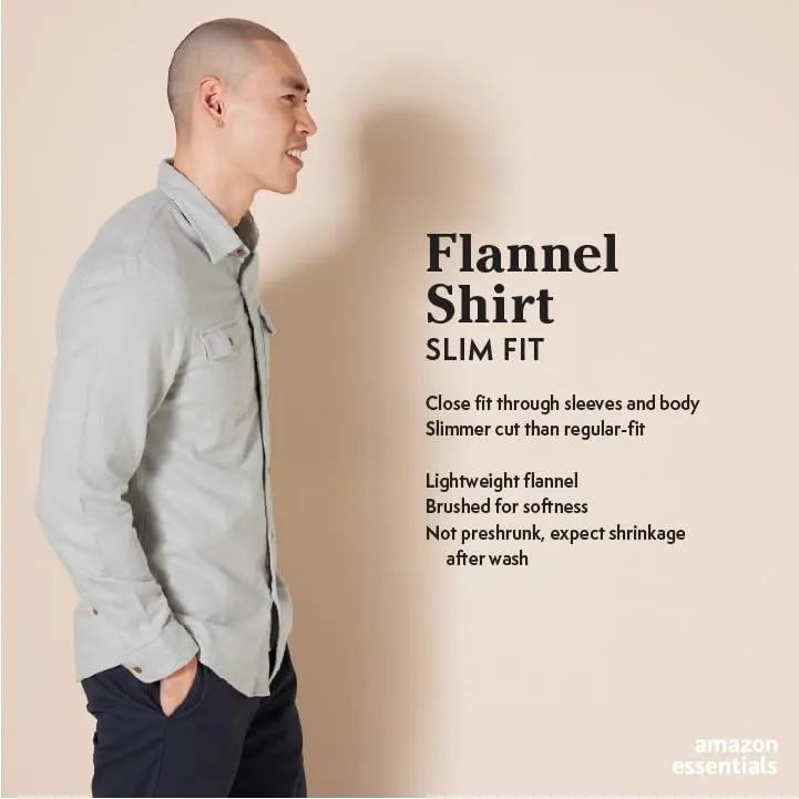 Amazon Essentials Men's Slim-Fit Long-Sleeve Two-Pocket Flannel Shirt, Black, Small
