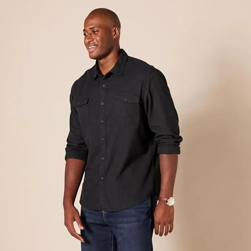 Amazon Essentials Men's Slim-Fit Long-Sleeve Two-Pocket Flannel Shirt, Black, Small