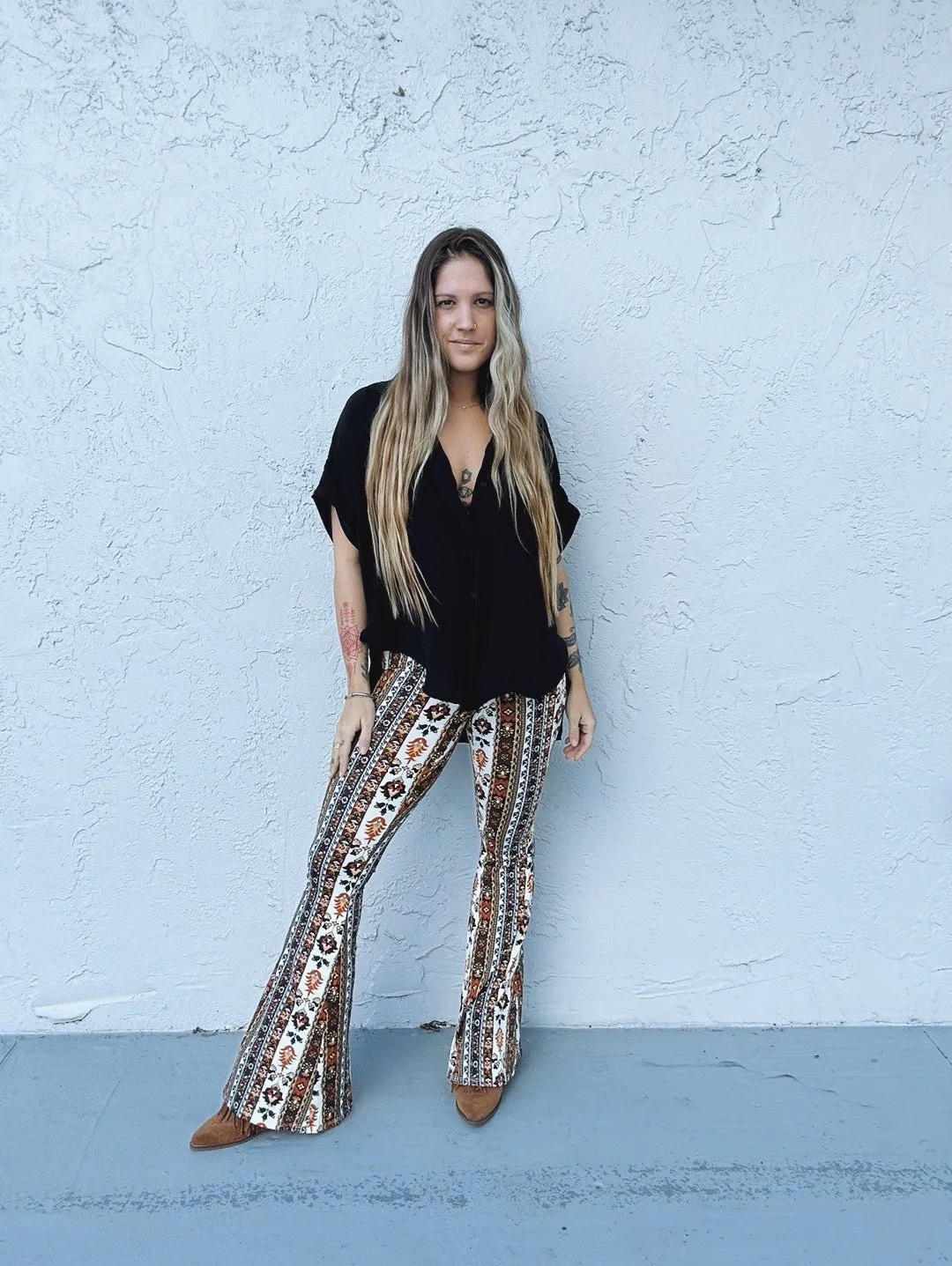 Band Of Gold Boho Floral Print Bell Bottom Flare Pants