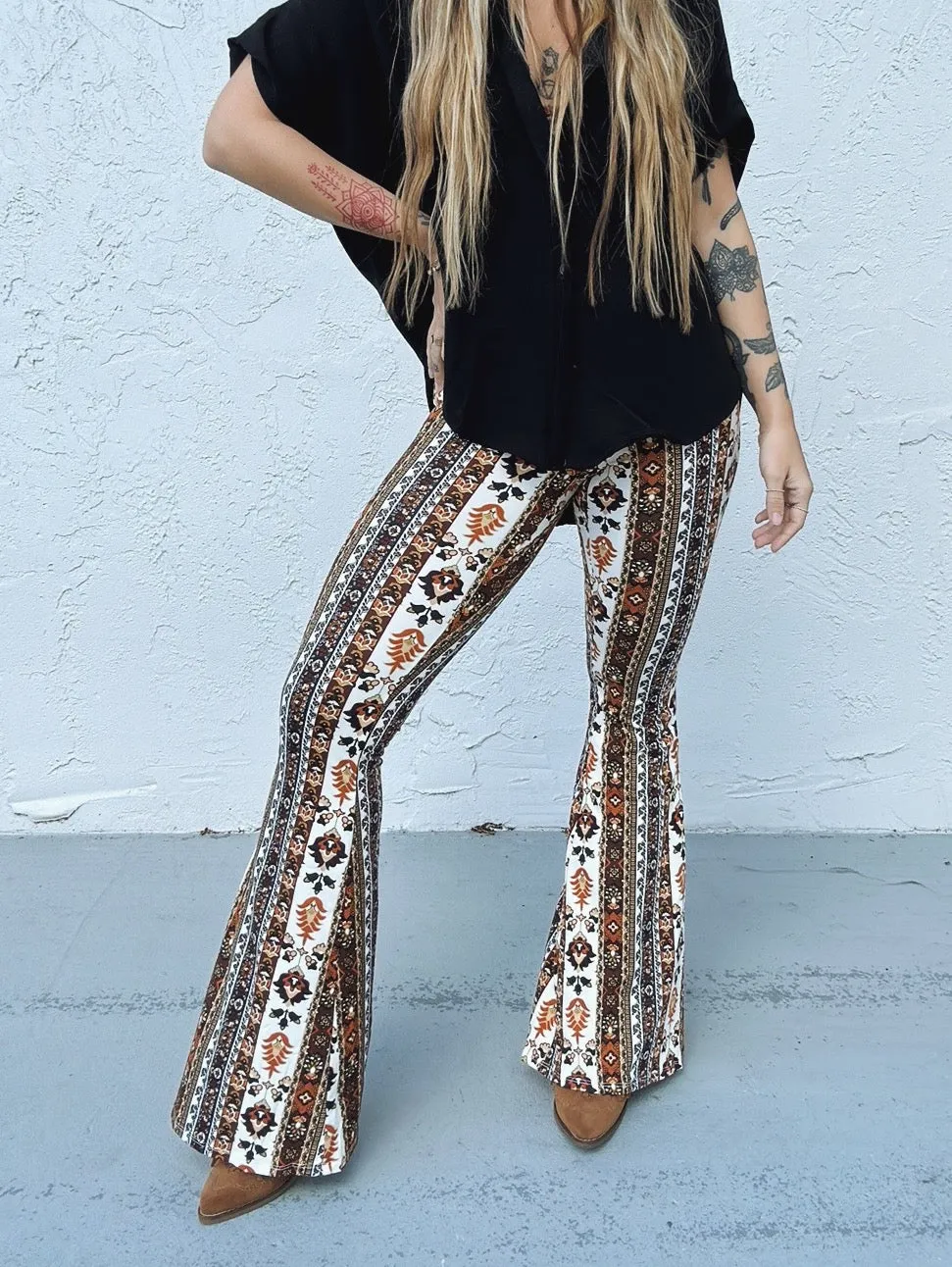 Band Of Gold Boho Floral Print Bell Bottom Flare Pants