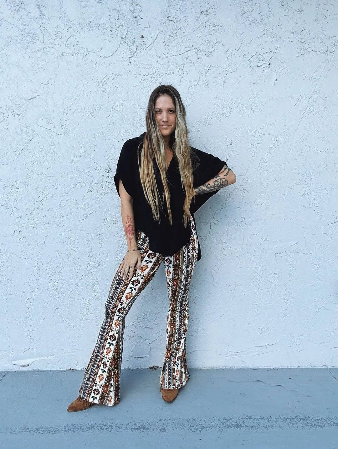 Band Of Gold Boho Floral Print Bell Bottom Flare Pants