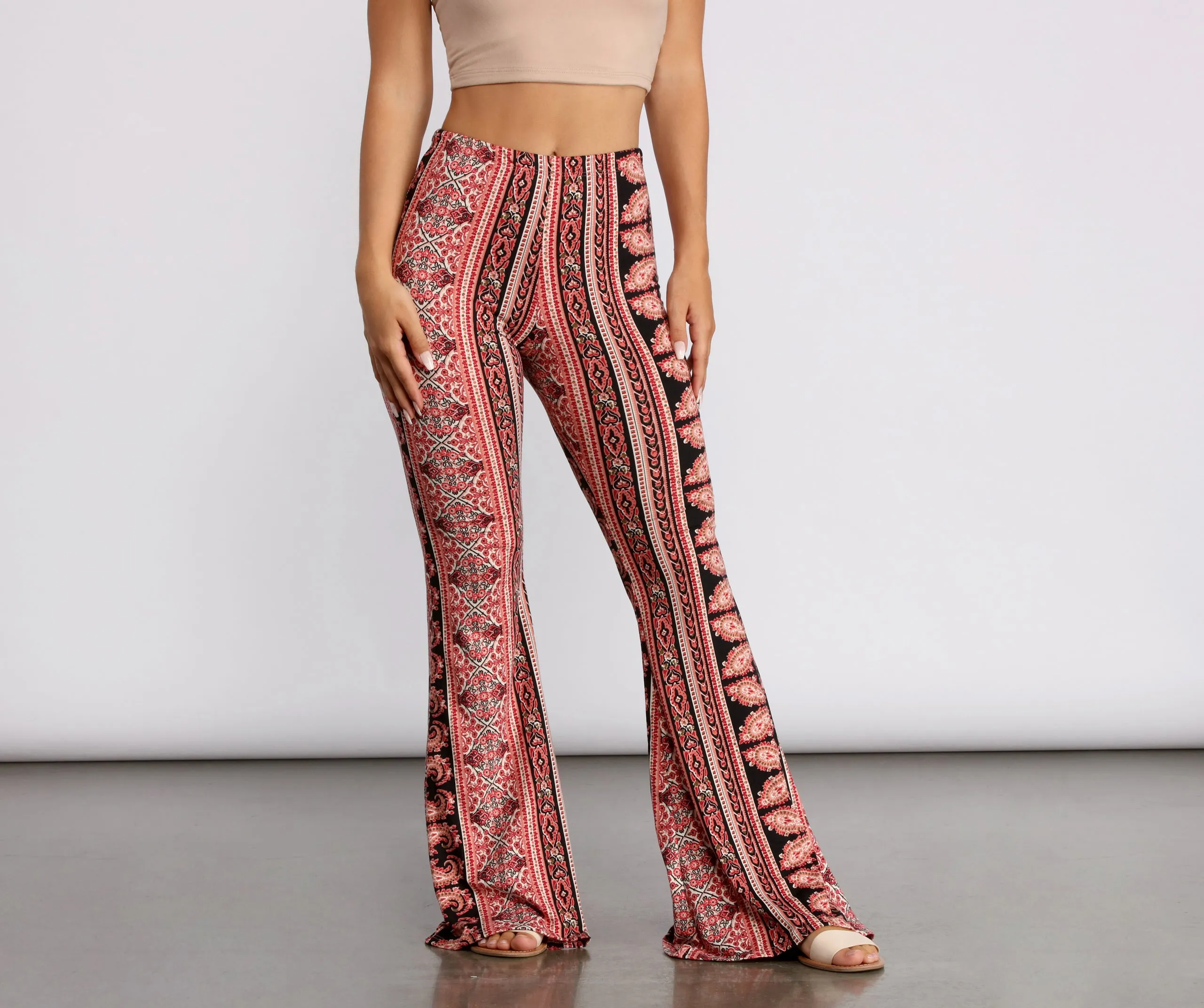 Boho Flair Floral Stripe Flare Pants