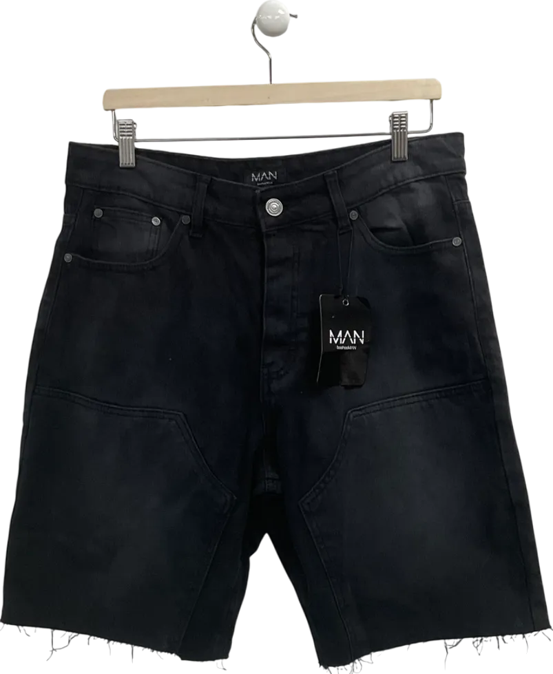 boohooMan Black Relaxed Denim Shorts With Worker Panel W34