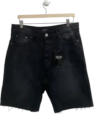 boohooMan Black Relaxed Denim Shorts With Worker Panel W34