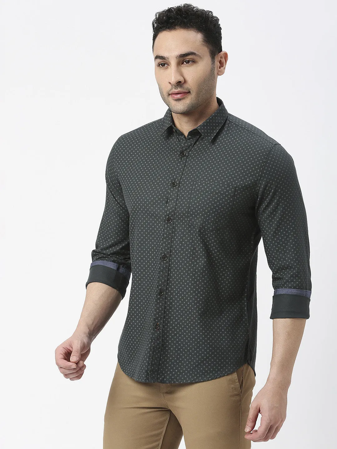 Bottle Green Poplin Printed Shirt With Pocket