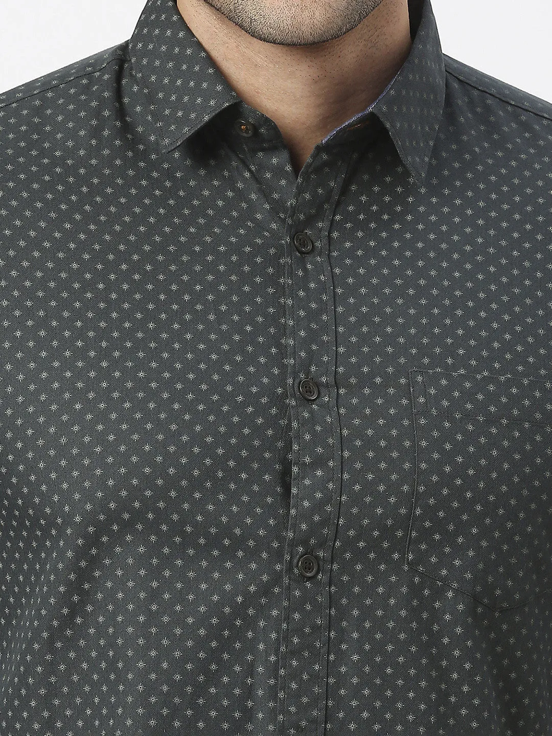 Bottle Green Poplin Printed Shirt With Pocket