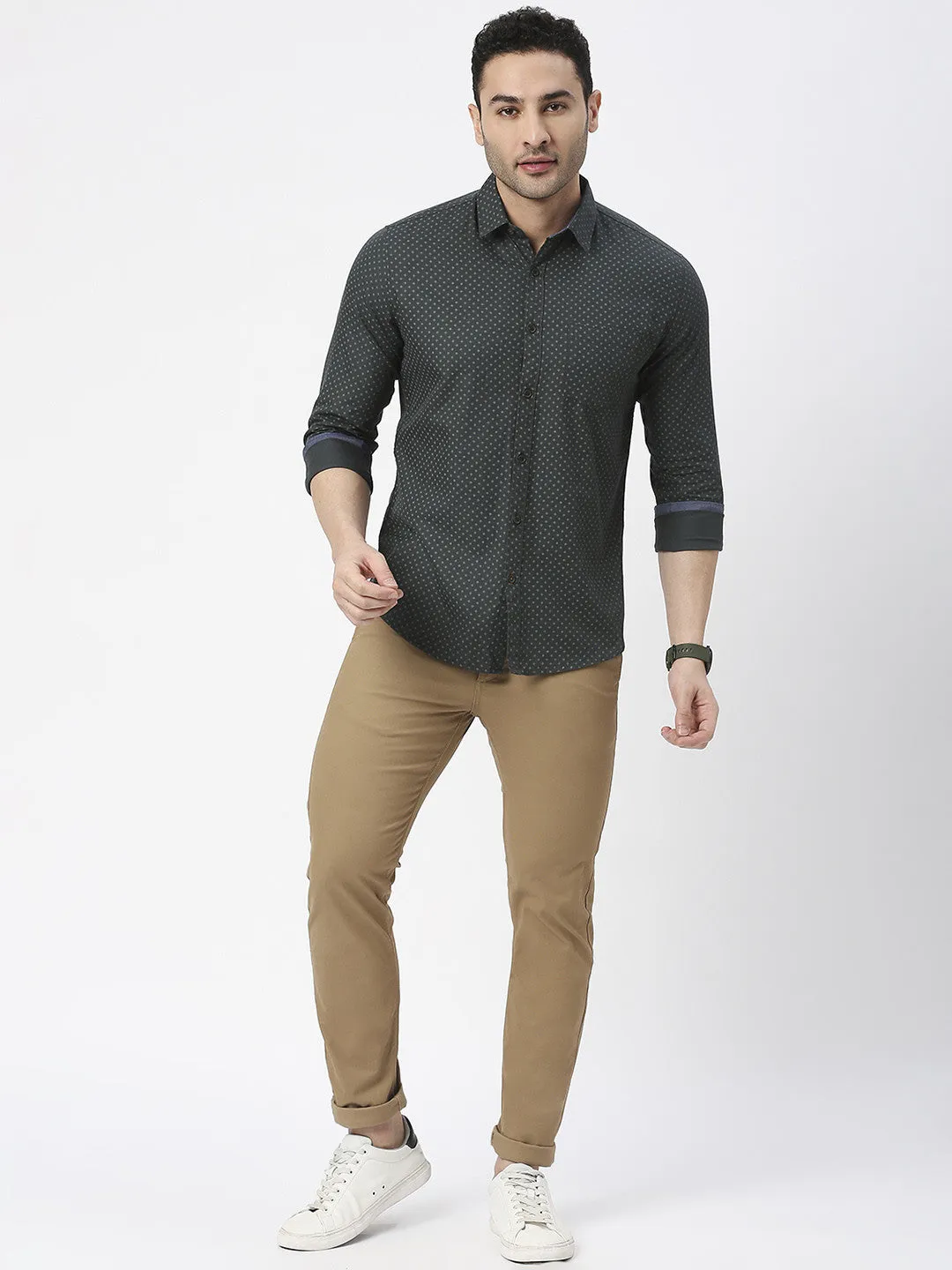 Bottle Green Poplin Printed Shirt With Pocket