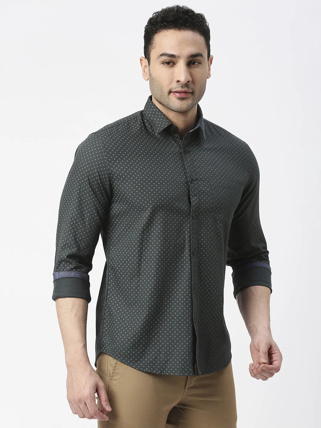 Bottle Green Poplin Printed Shirt With Pocket