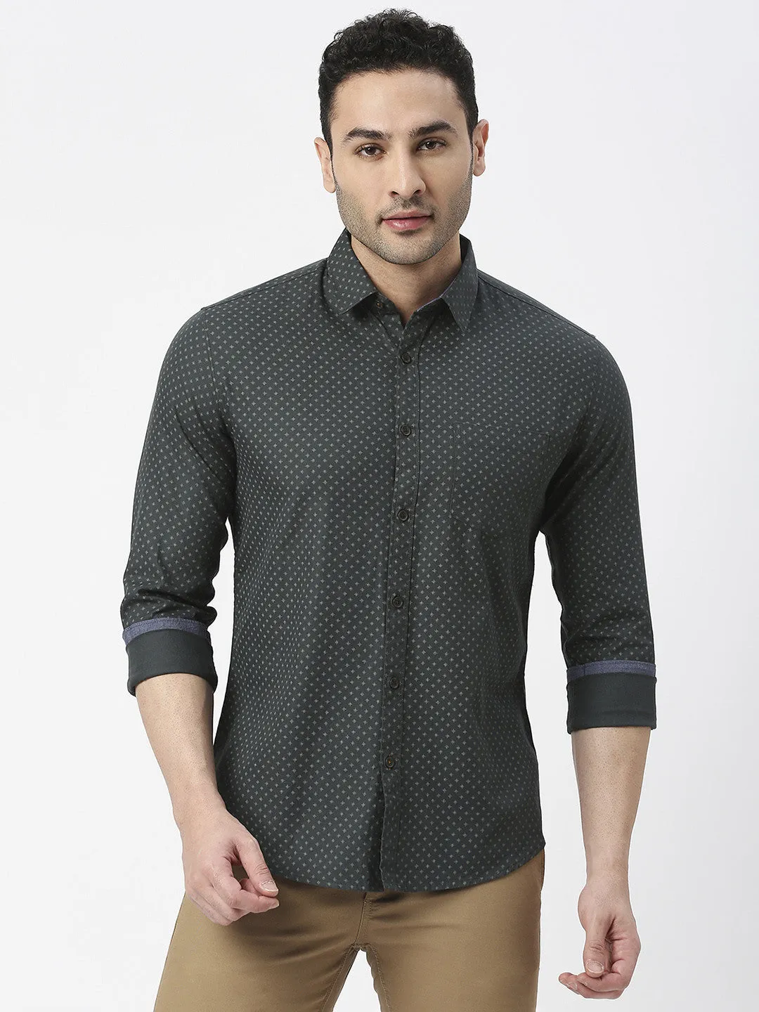 Bottle Green Poplin Printed Shirt With Pocket