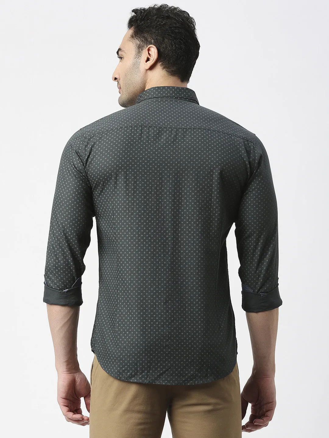 Bottle Green Poplin Printed Shirt With Pocket