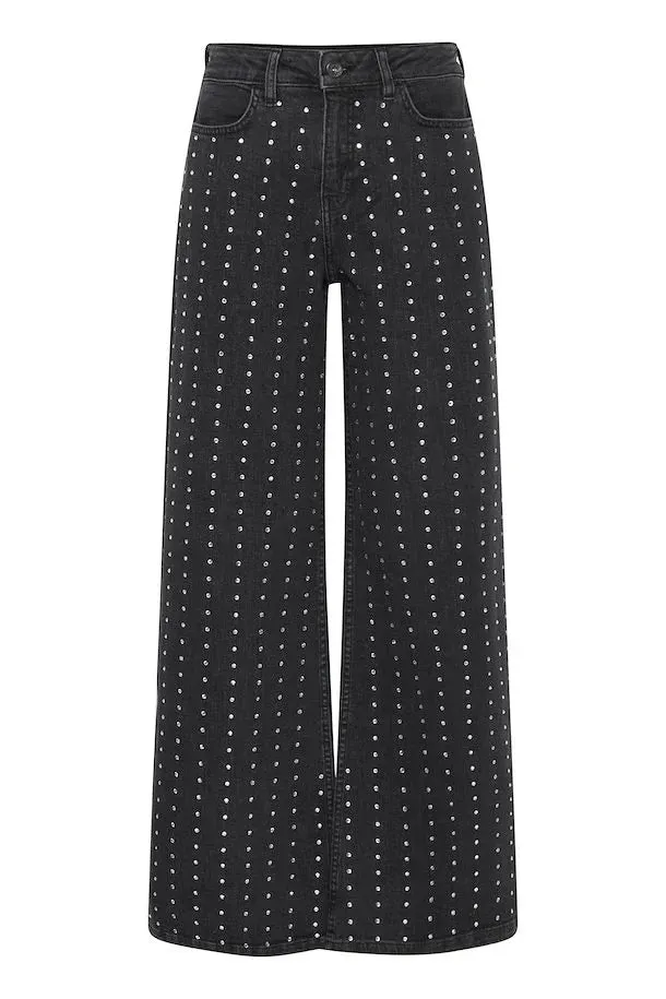 Braidy Rhinestone Wide Leg Jeans (Washed Black)