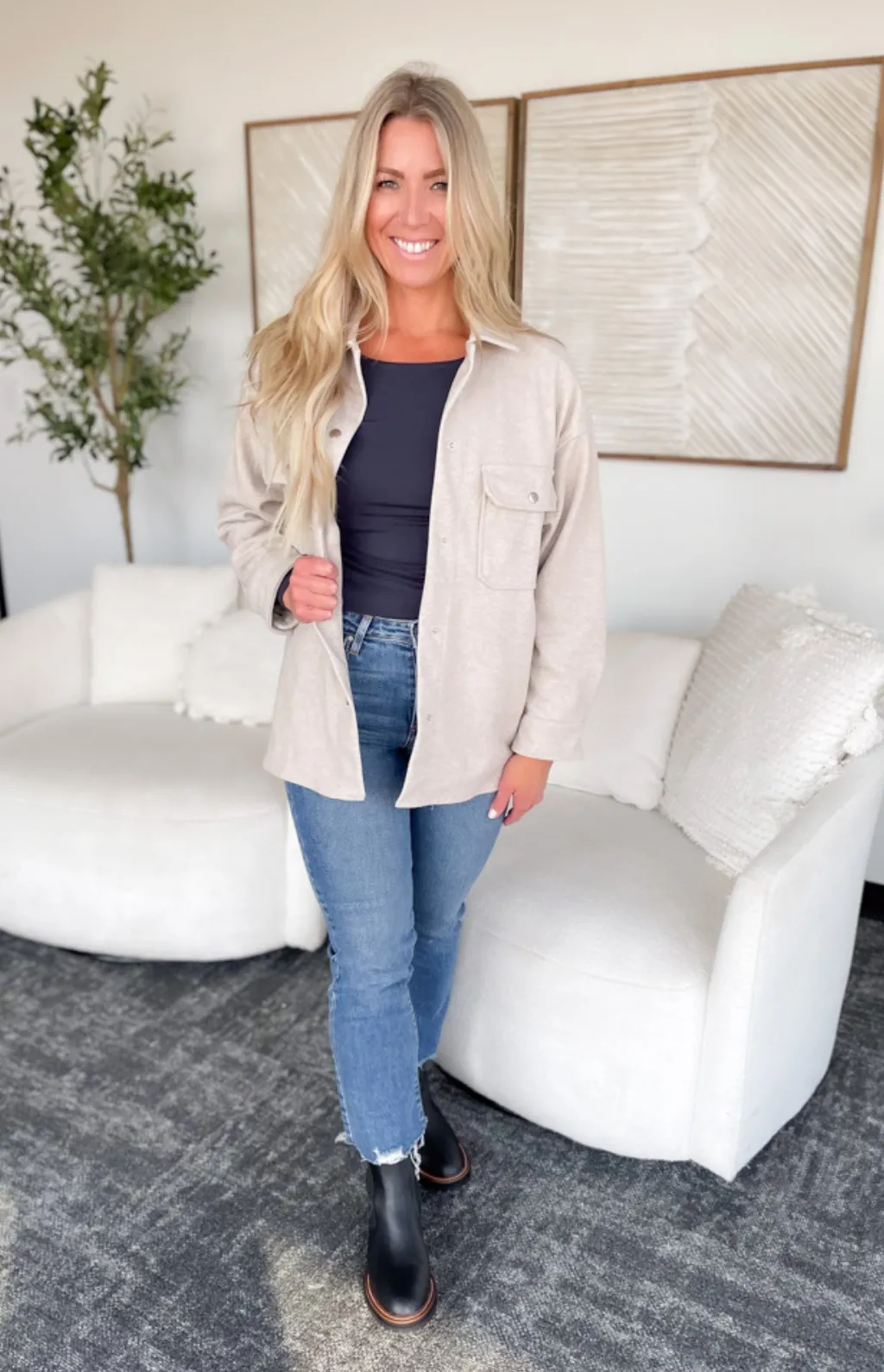 Brielle Snap Button Solid Oatmeal Shacket