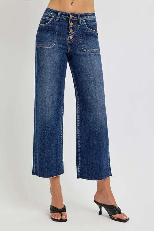 Button Fly Wide Leg Dark Jeans