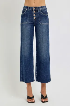 Button Fly Wide Leg Dark Jeans