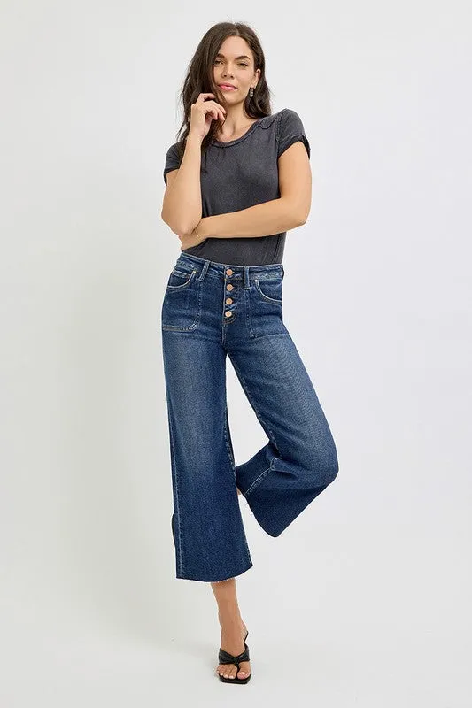 Button Fly Wide Leg Dark Jeans