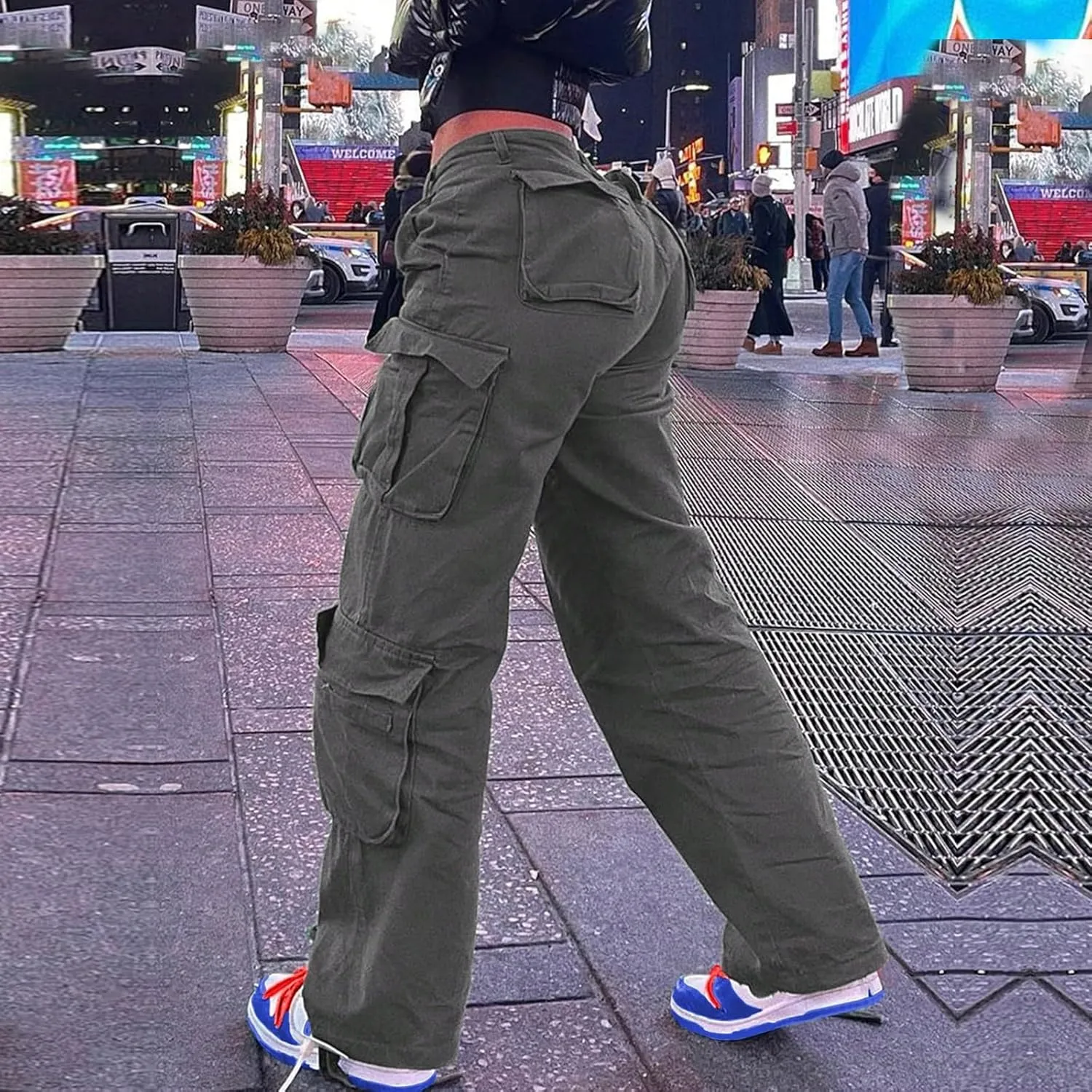 Cargo Jeans for Women Boyfriend Straight Leg Jeans Baggy Casual Denim Elastic High Waisted Cargo Pants with Pockets