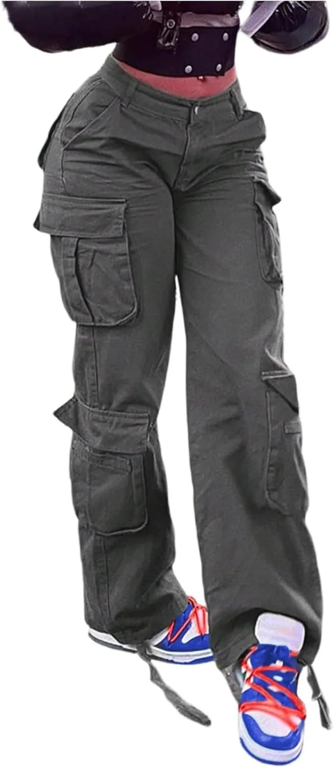 Cargo Jeans for Women Boyfriend Straight Leg Jeans Baggy Casual Denim Elastic High Waisted Cargo Pants with Pockets
