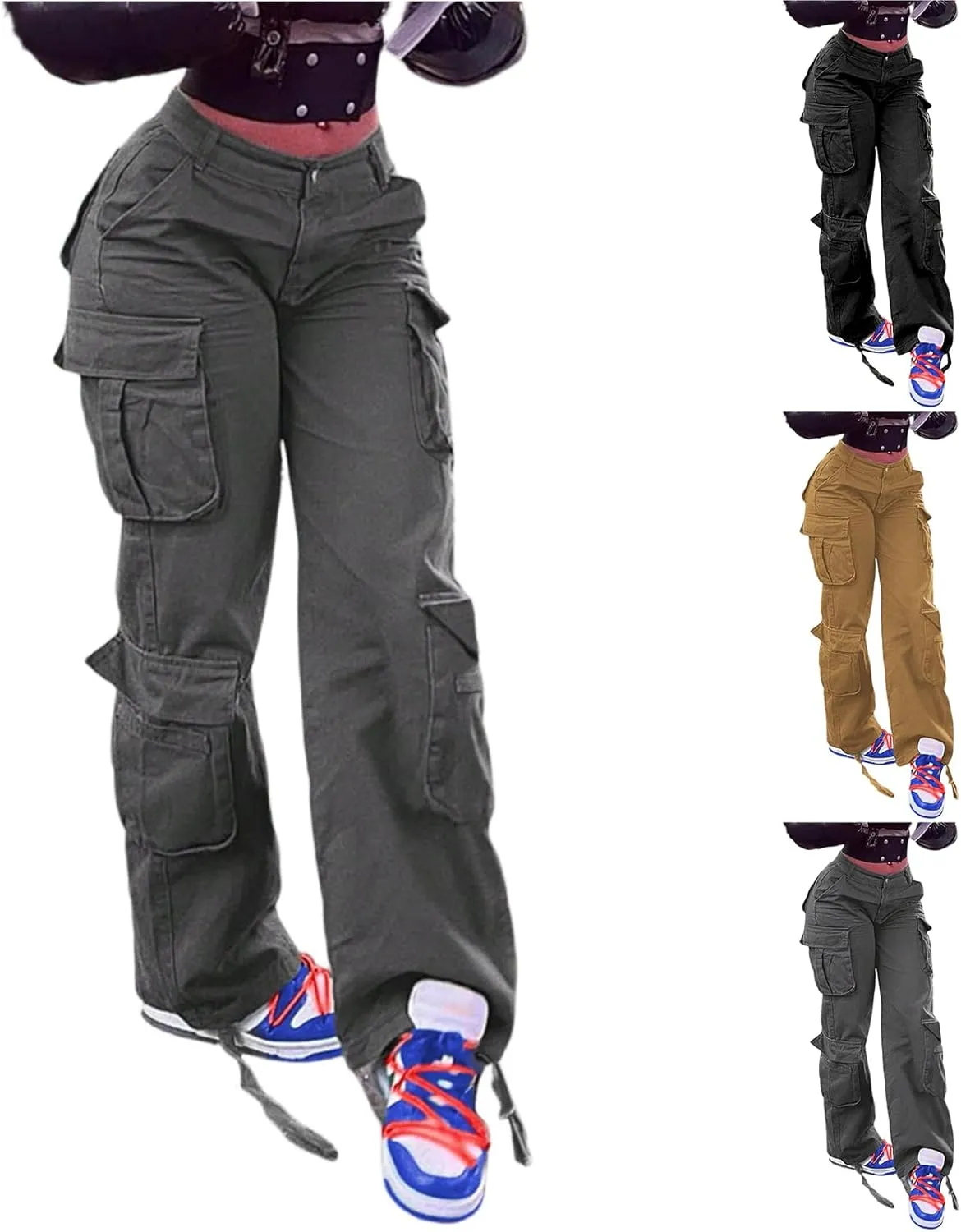 Cargo Jeans for Women Boyfriend Straight Leg Jeans Baggy Casual Denim Elastic High Waisted Cargo Pants with Pockets