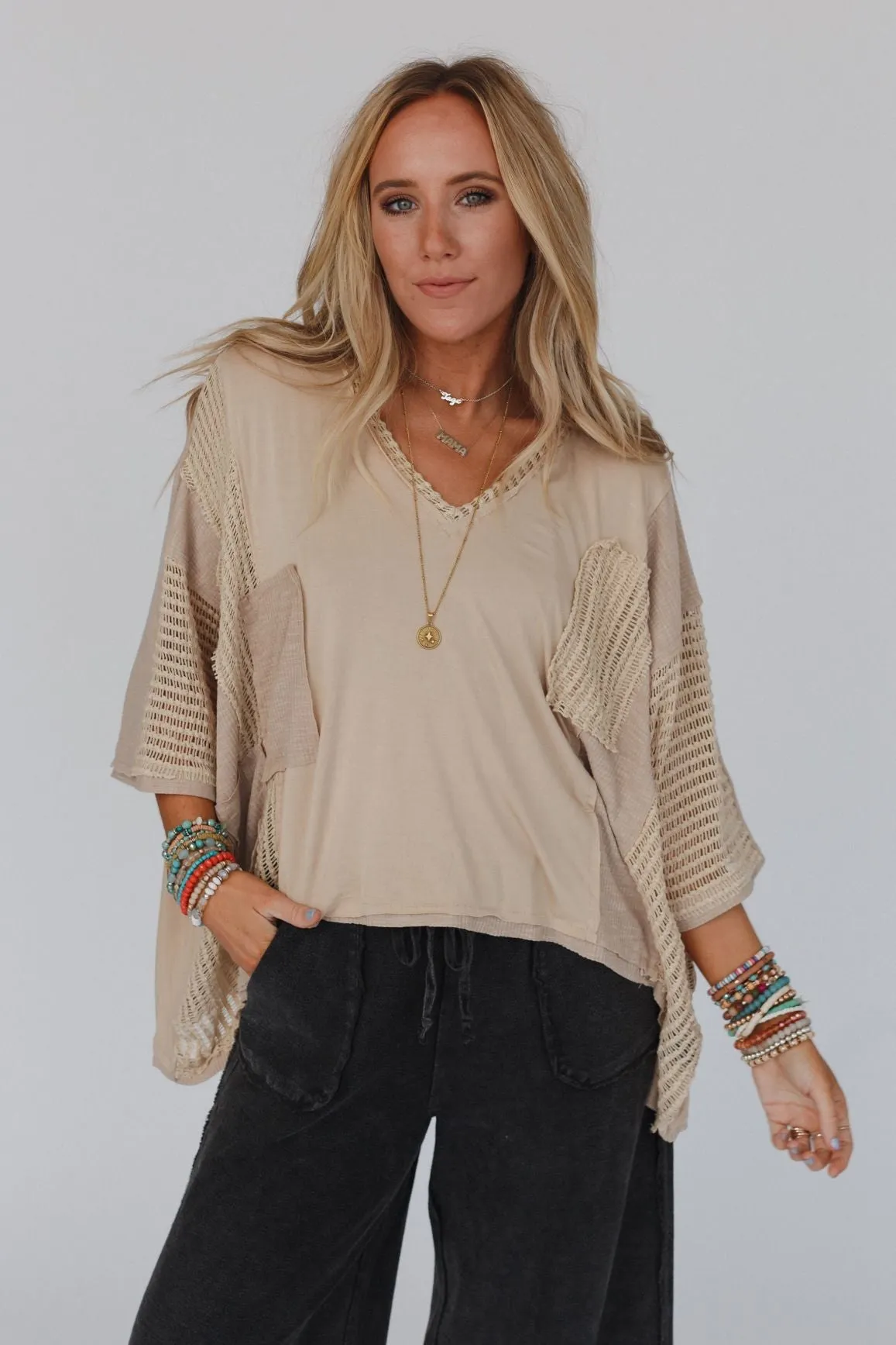City Drifter Oversized Contrast Top - Taupe