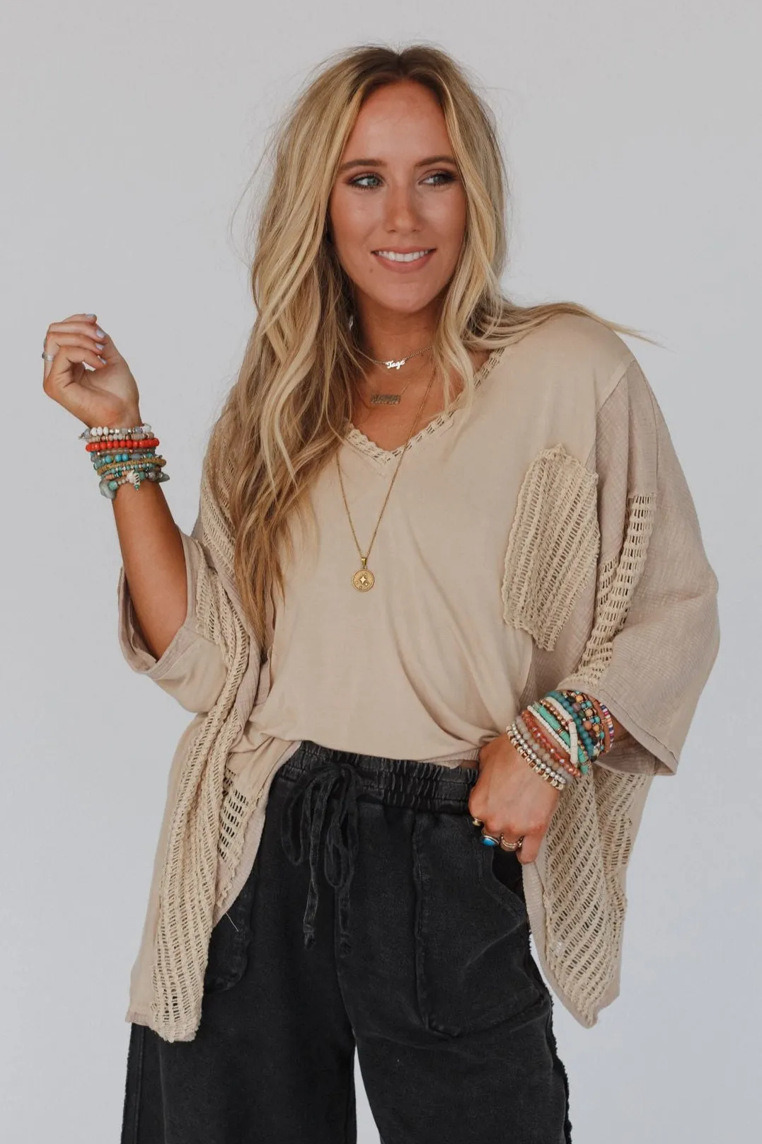 City Drifter Oversized Contrast Top - Taupe