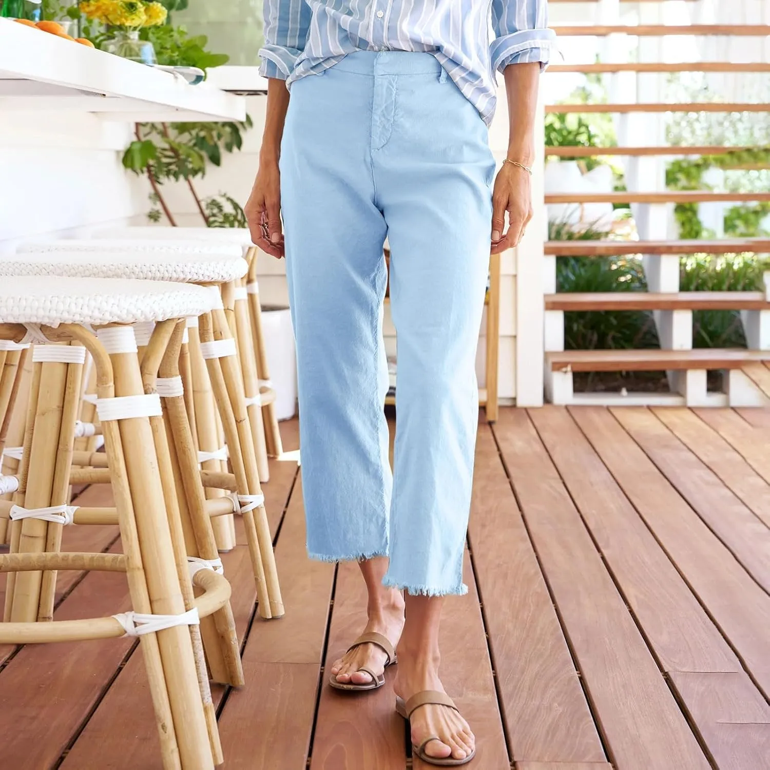 Cropped Linen Pants Women Straight Leg Pull On Work Pants Business Casual High Waisted Dress Pants Office Ankle Pants