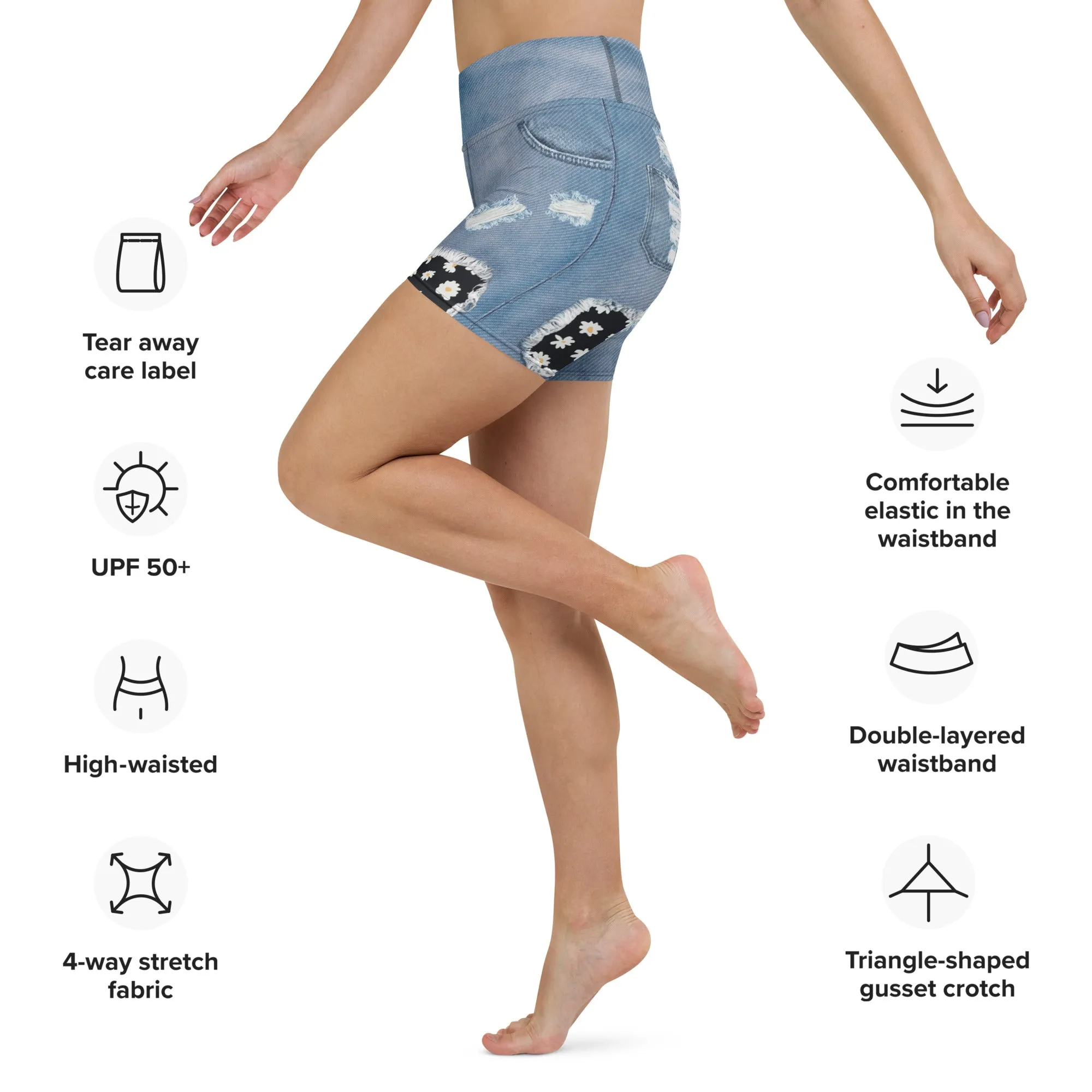 Daisy Denim Print Yoga Shorts