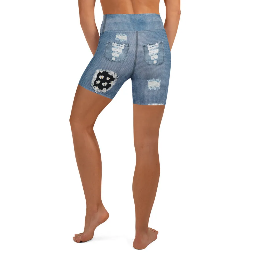 Daisy Denim Print Yoga Shorts