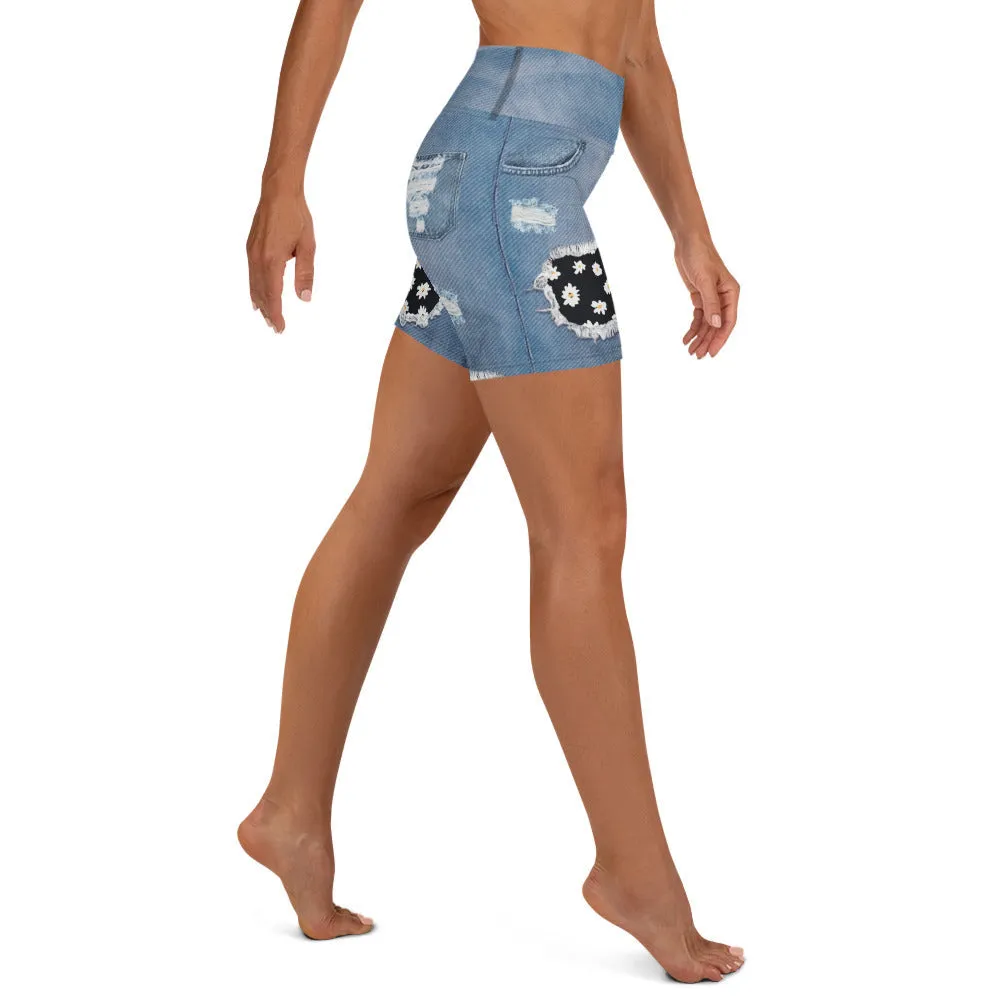 Daisy Denim Print Yoga Shorts