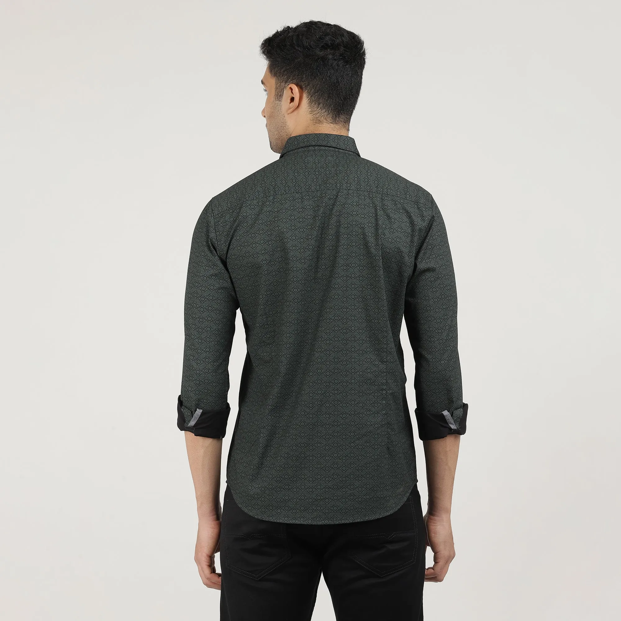 Dark Green Poplin Printed Shirt with Pocket
