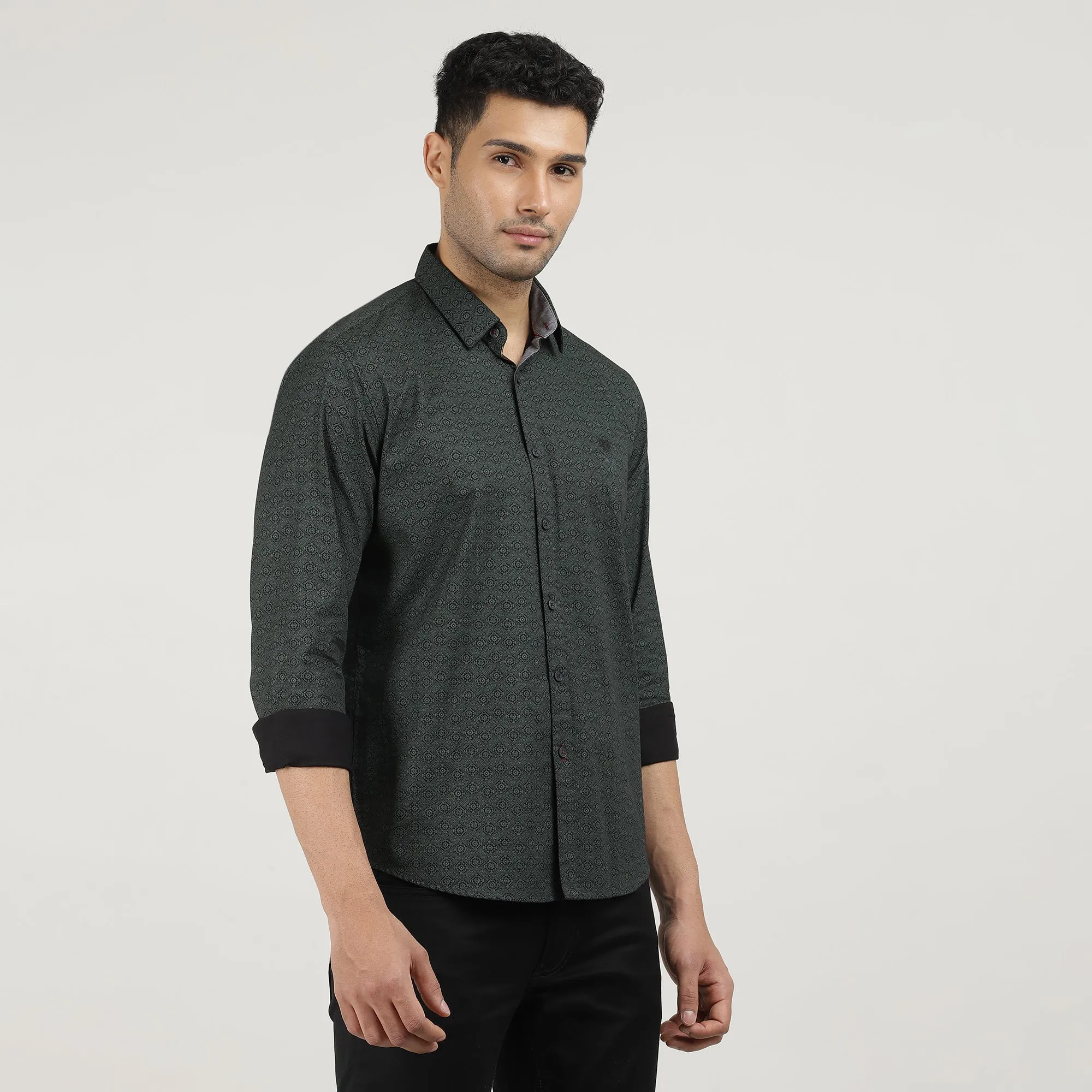 Dark Green Poplin Printed Shirt with Pocket