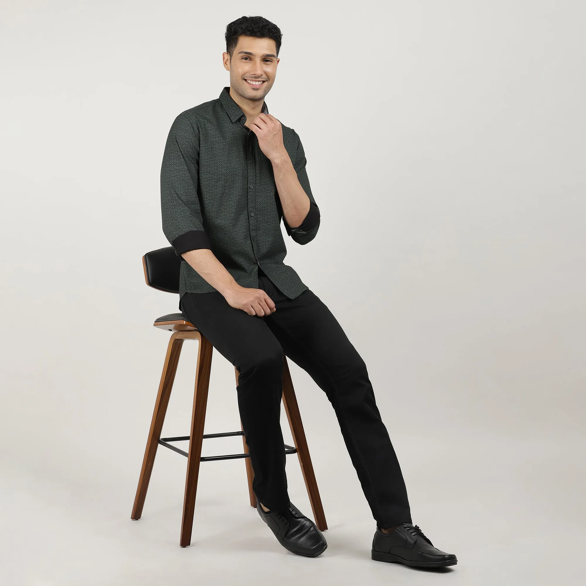 Dark Green Poplin Printed Shirt with Pocket