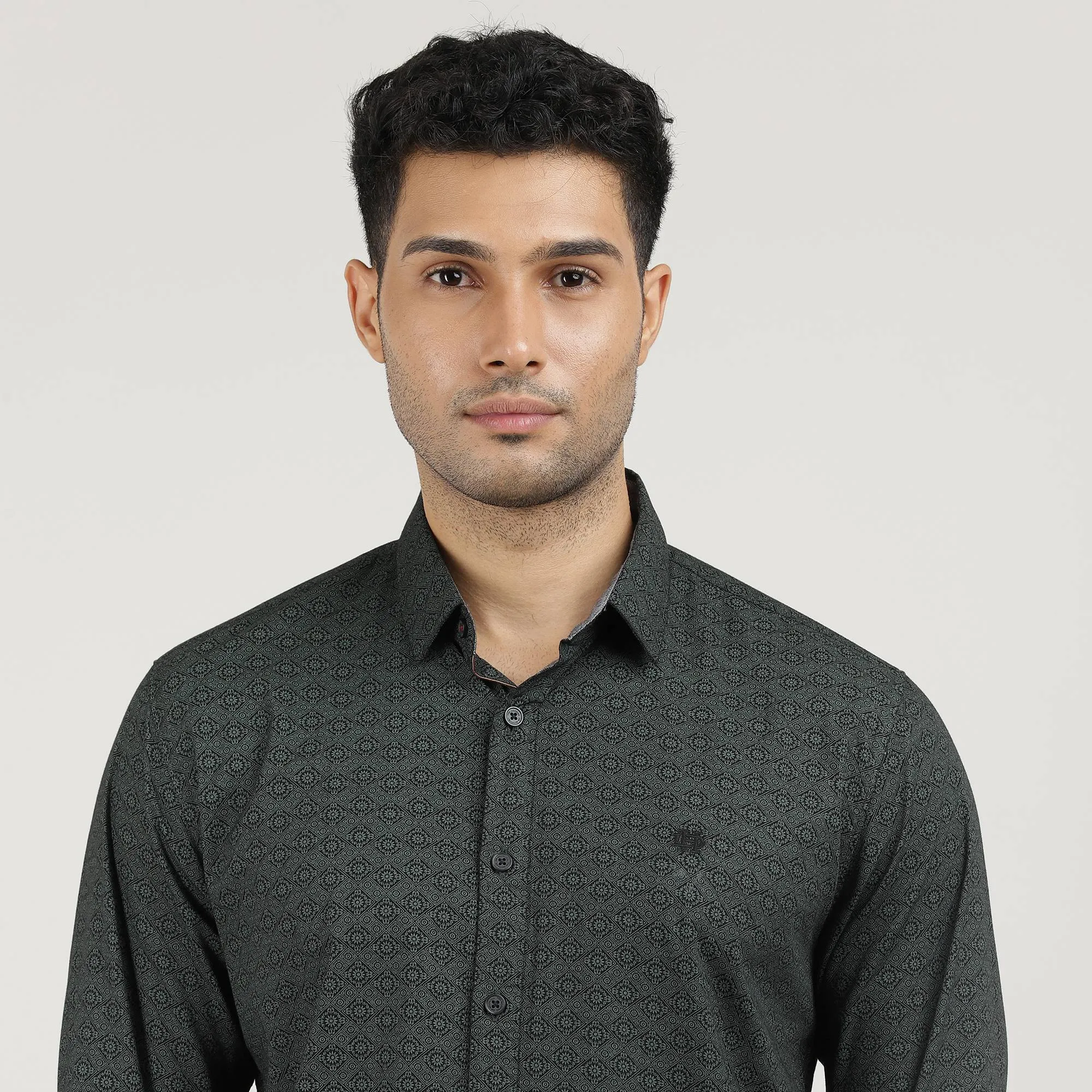 Dark Green Poplin Printed Shirt with Pocket