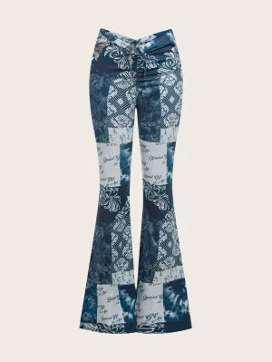 Floral & Letter Print Low-Rise Flared Pants SS24