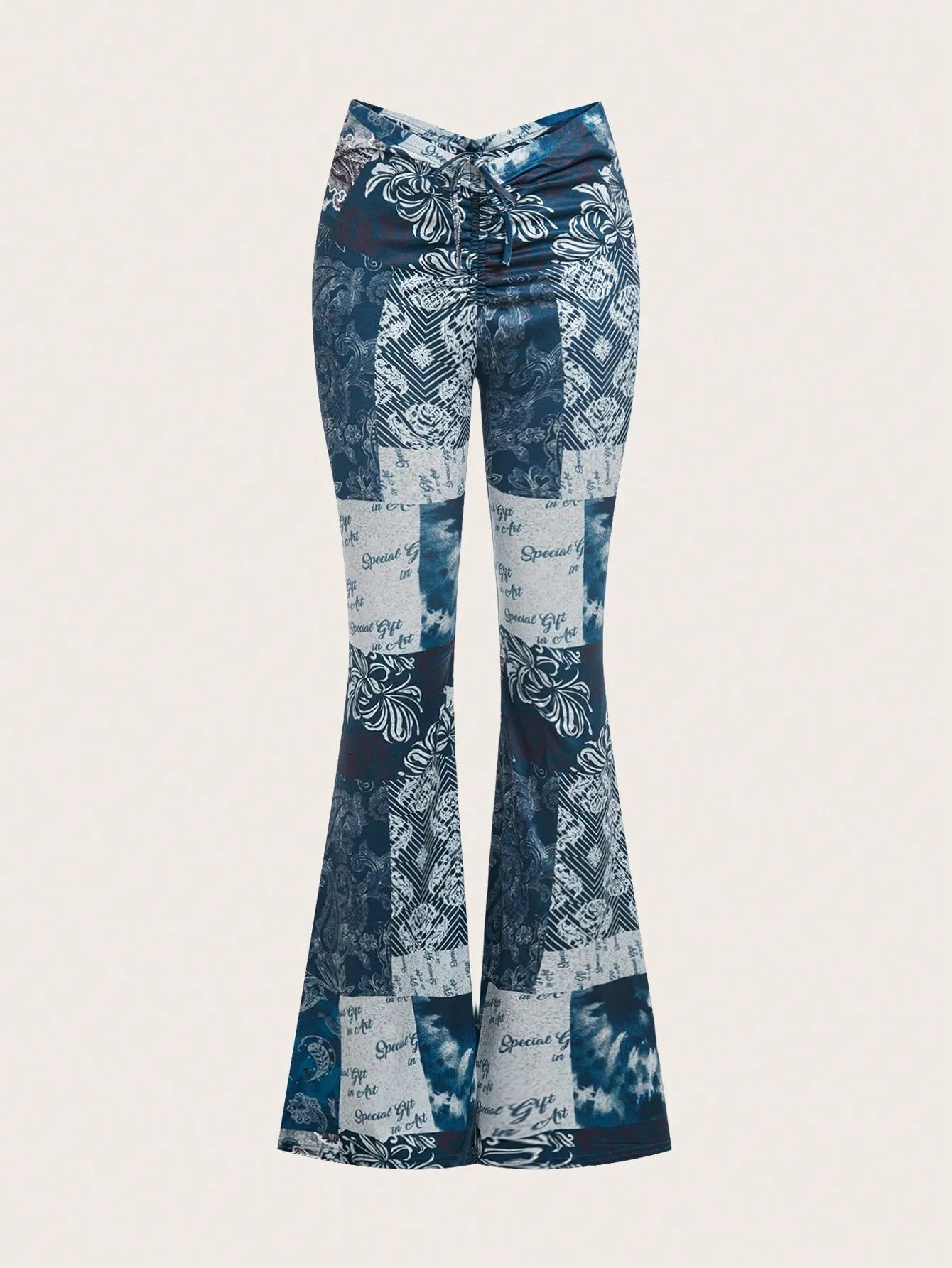 Floral & Letter Print Low-Rise Flared Pants SS24