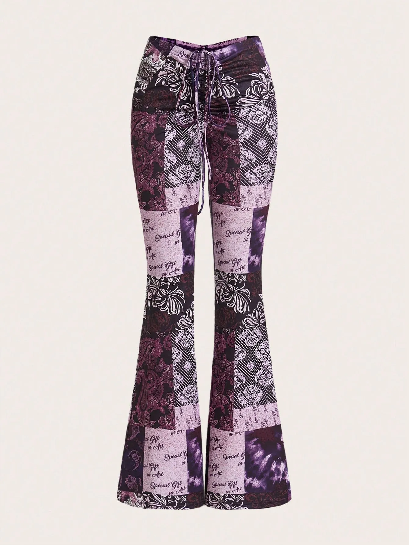 Floral & Letter Print Low-Rise Flared Pants SS24