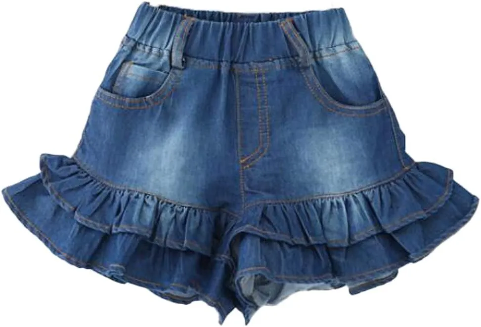 Girls Denim Shorts 2 Layers Ruffles Lace Kids Baby Workout Fashion Skirt Shorts Summer Beach Sports Short Pants
