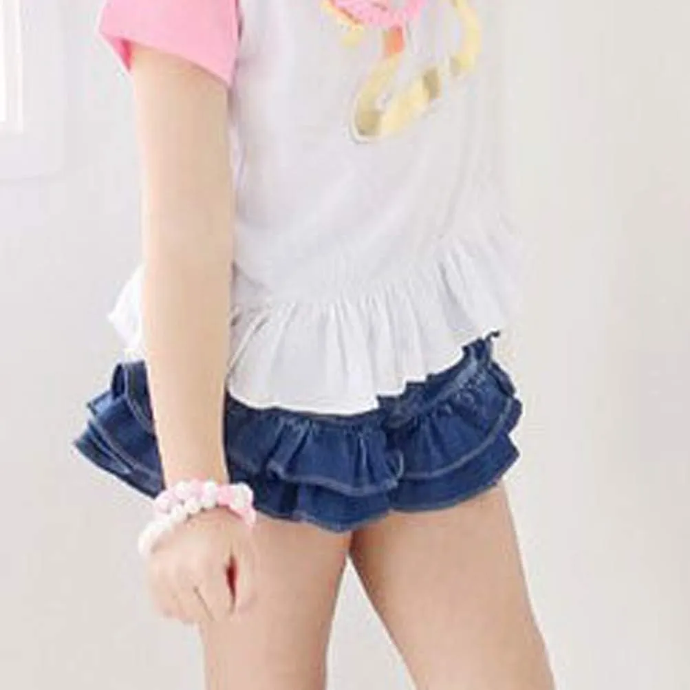 Girls Denim Shorts 2 Layers Ruffles Lace Kids Baby Workout Fashion Skirt Shorts Summer Beach Sports Short Pants