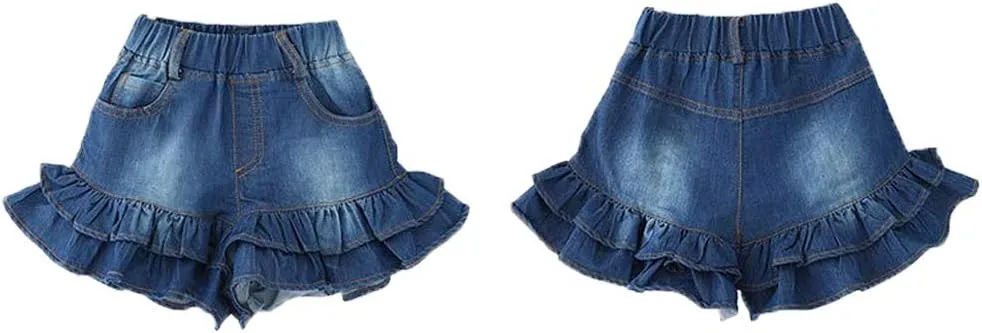 Girls Denim Shorts 2 Layers Ruffles Lace Kids Baby Workout Fashion Skirt Shorts Summer Beach Sports Short Pants
