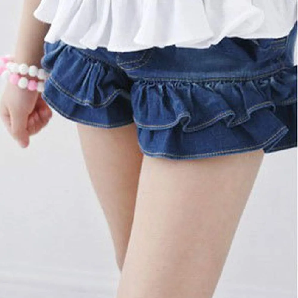 Girls Denim Shorts 2 Layers Ruffles Lace Kids Baby Workout Fashion Skirt Shorts Summer Beach Sports Short Pants