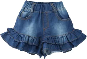 Girls Denim Shorts 2 Layers Ruffles Lace Kids Baby Workout Fashion Skirt Shorts Summer Beach Sports Short Pants