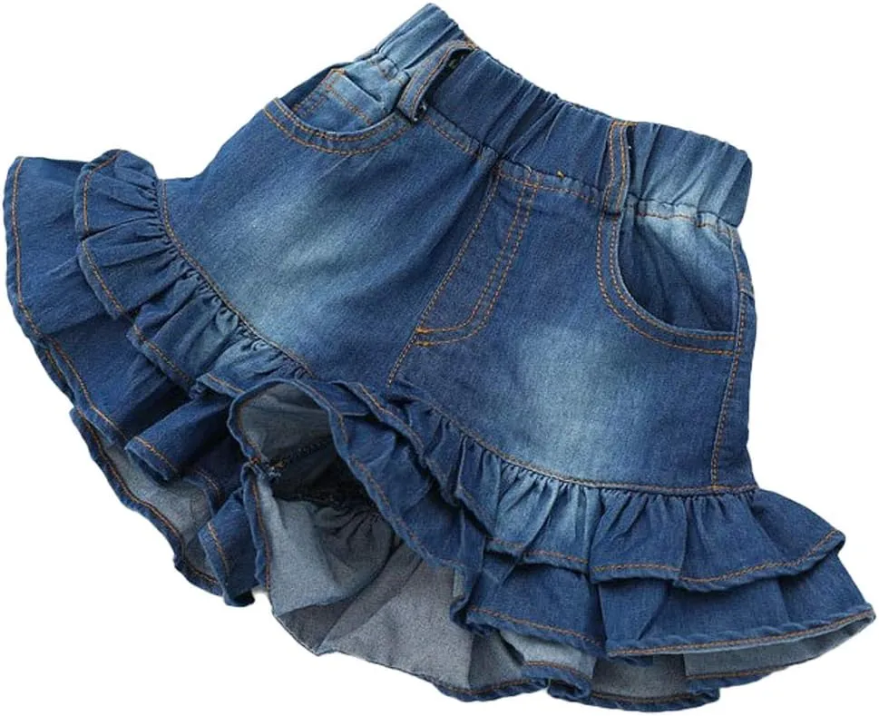 Girls Denim Shorts 2 Layers Ruffles Lace Kids Baby Workout Fashion Skirt Shorts Summer Beach Sports Short Pants