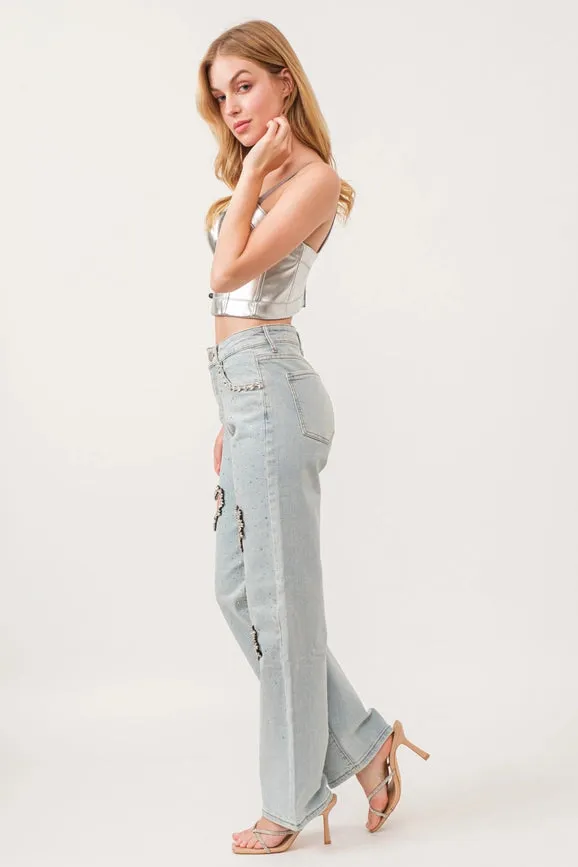 Heart Cut-Out Embellished Stretch Denim Pants