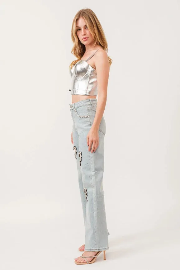 Heart Cut-Out Embellished Stretch Denim Pants