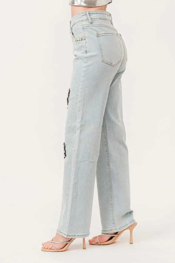 Heart Cut-Out Embellished Stretch Denim Pants