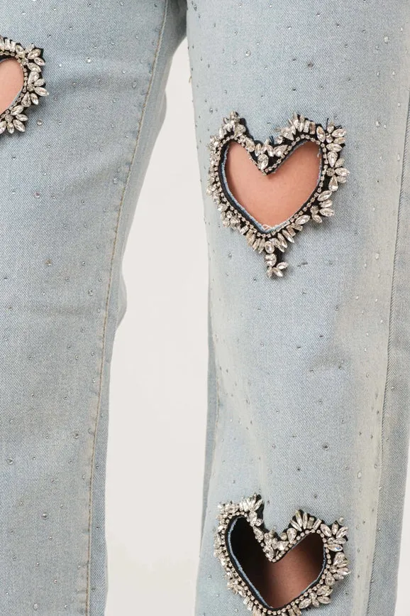 Heart Cut-Out Embellished Stretch Denim Pants