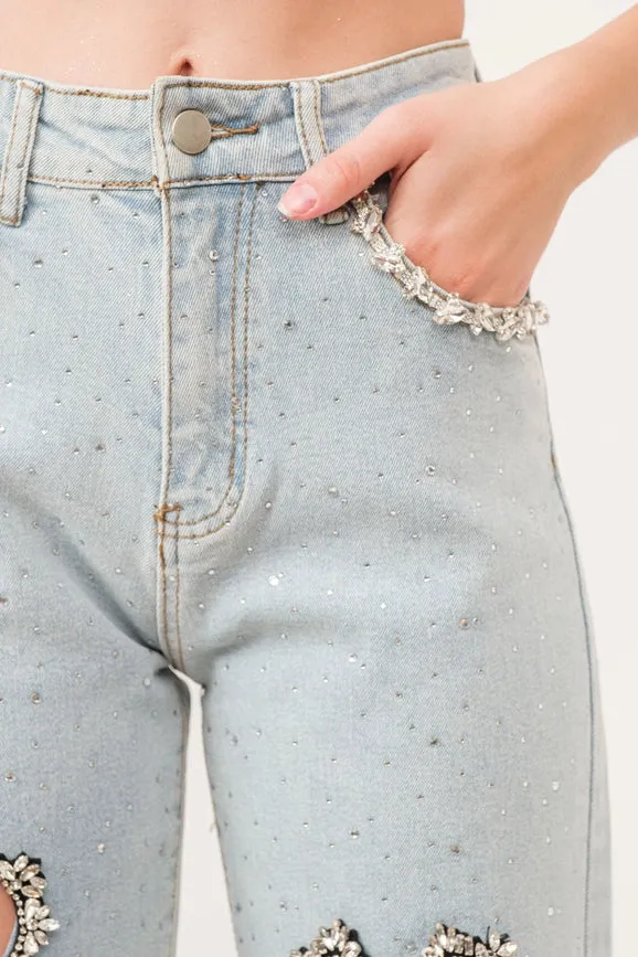 Heart Cut-Out Embellished Stretch Denim Pants